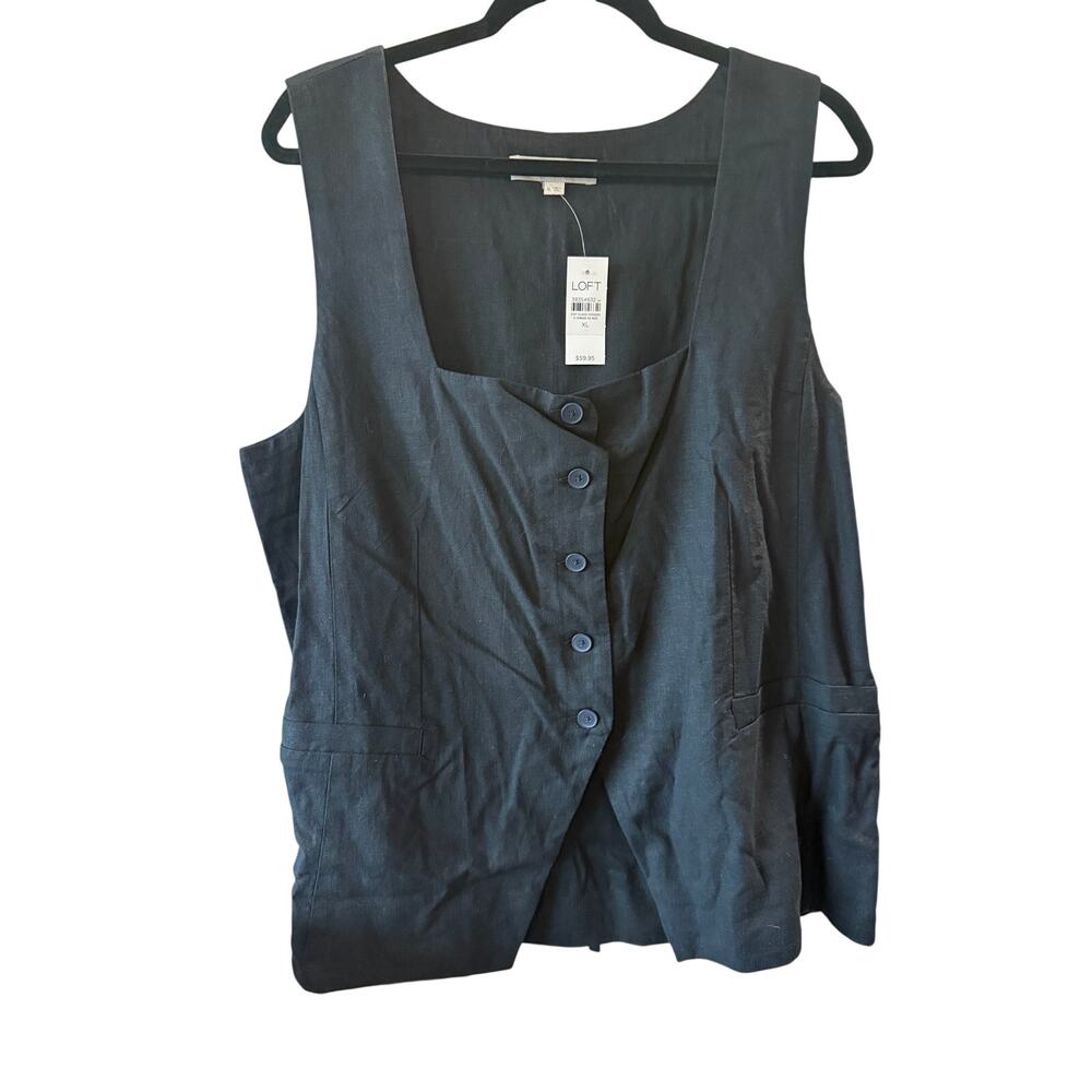 LOFT Smocked Square Front Button Front Tank Top Black Sz XL NWT